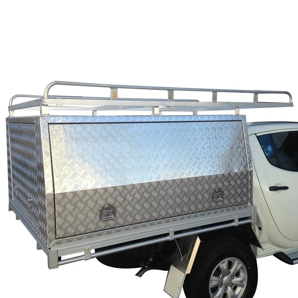 Size: 1200 (L) mm X 550 (W) mm X 850 (H) mm Strong Secure Ute Tray Back Aluminum Checker Plate Half Dog Box and Half Canopy for Outdoor Hunting Trip