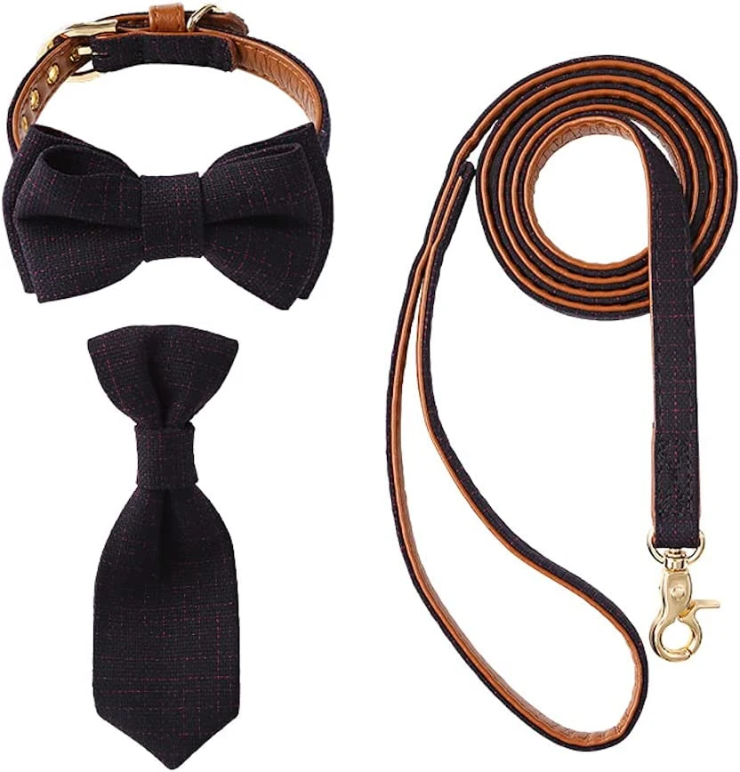 Double Padded Soft Wholesale Dog Leash with Collar Bow Tie and Tie Set for Doggy Detachable Party Accessories for Puppy Outside