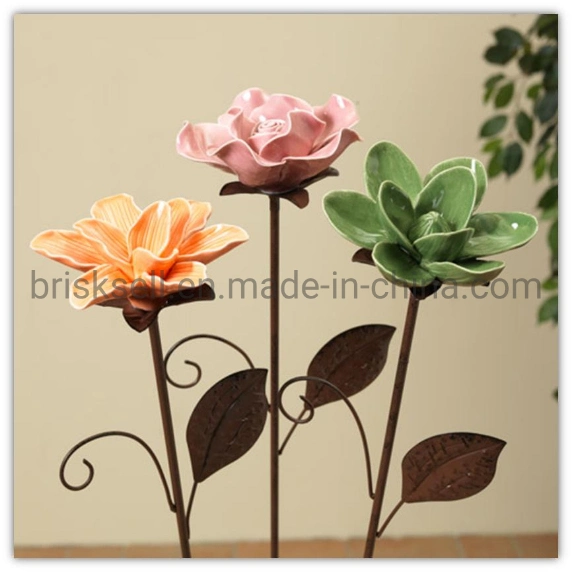 Metal Garden Stake with Ceramic Flower Ornament, Garden Decoration Plug