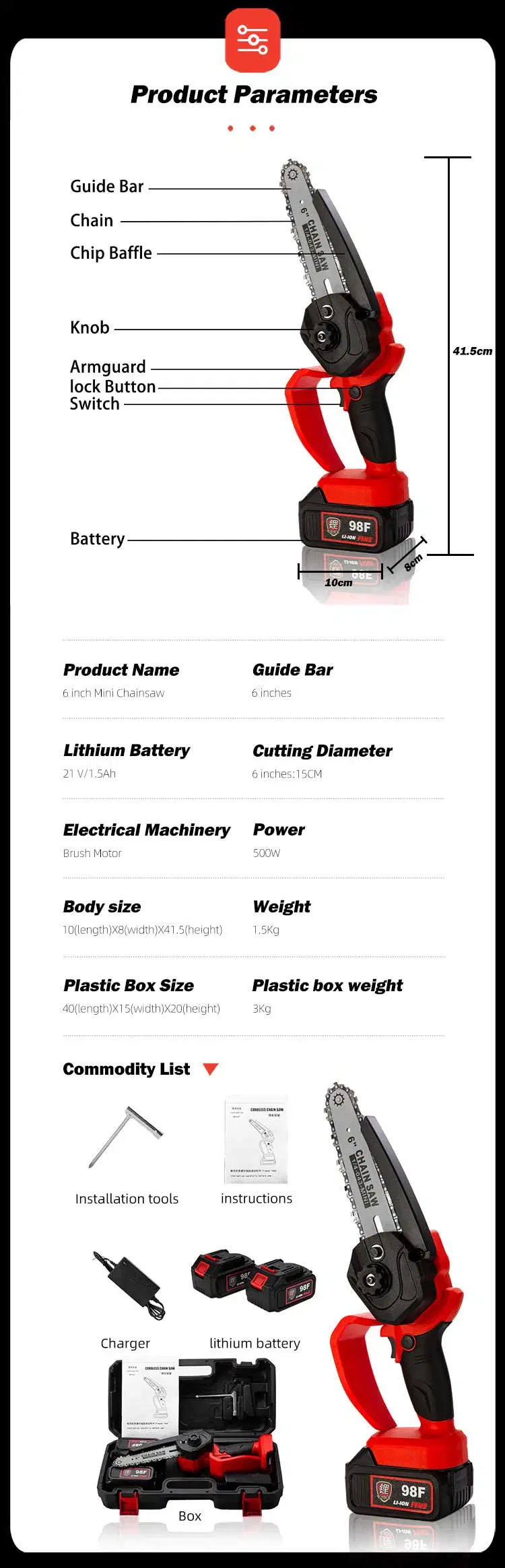 6 Inch 21V Portable Handheld Mini Chainsaw 6 Inch Cordless Electric Chainsaw with 2 Lithium Battery Power Tools Garden Tools Chain Saw