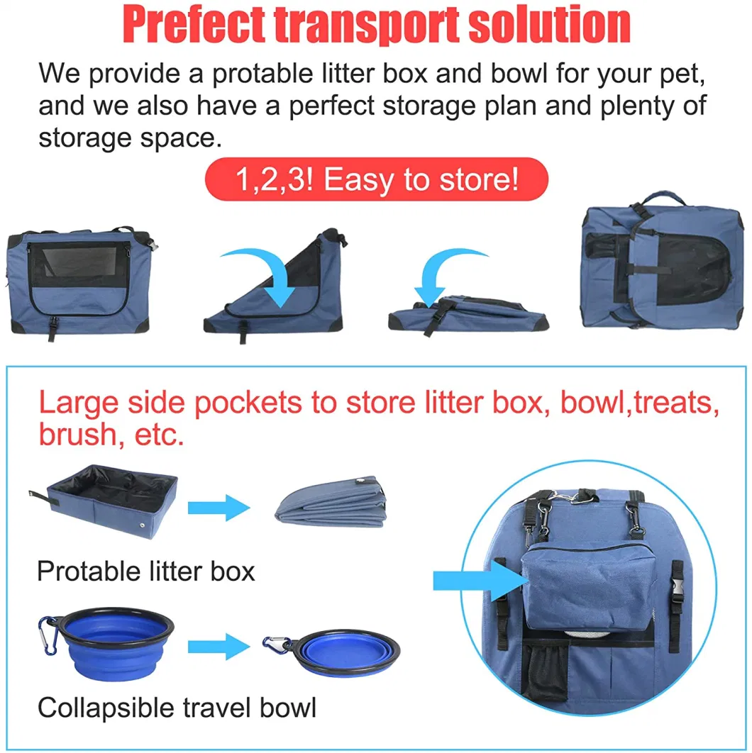 Large Cat Carrier Soft-Sided Portable Pet Crate for Car Traveling with Collapsible Litter Box and Bowl