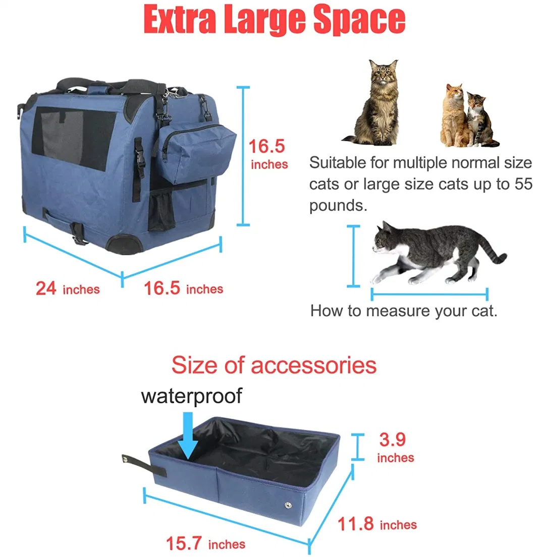 Large Cat Carrier Soft-Sided Portable Pet Crate for Car Traveling with Collapsible Litter Box and Bowl