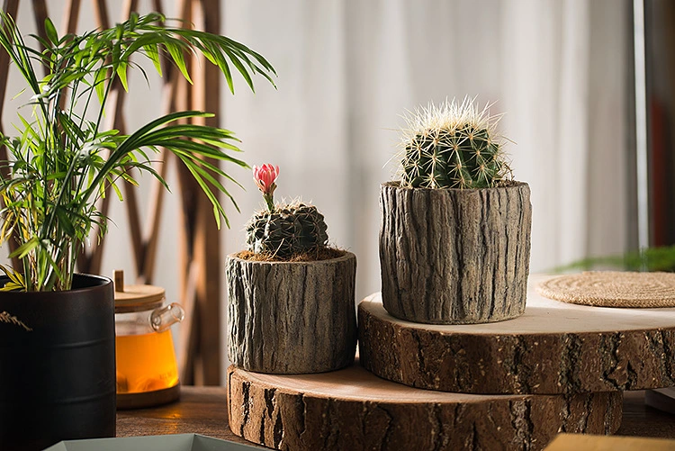 Retro Tree Wood Skin Cement Flower Pot Planter for Garden Decor