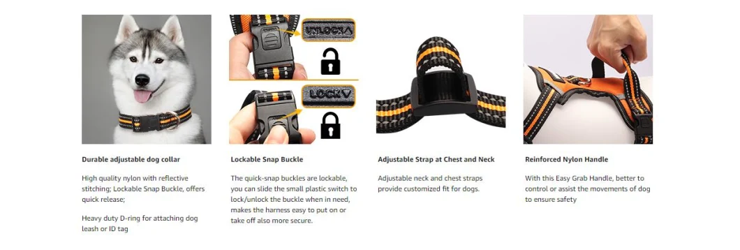 Dog Harness No Pull, Pet Harnesses with Dog Collar, Adjustable Reflective Oxford Outdoor Vest, Front/Back Leash Clips