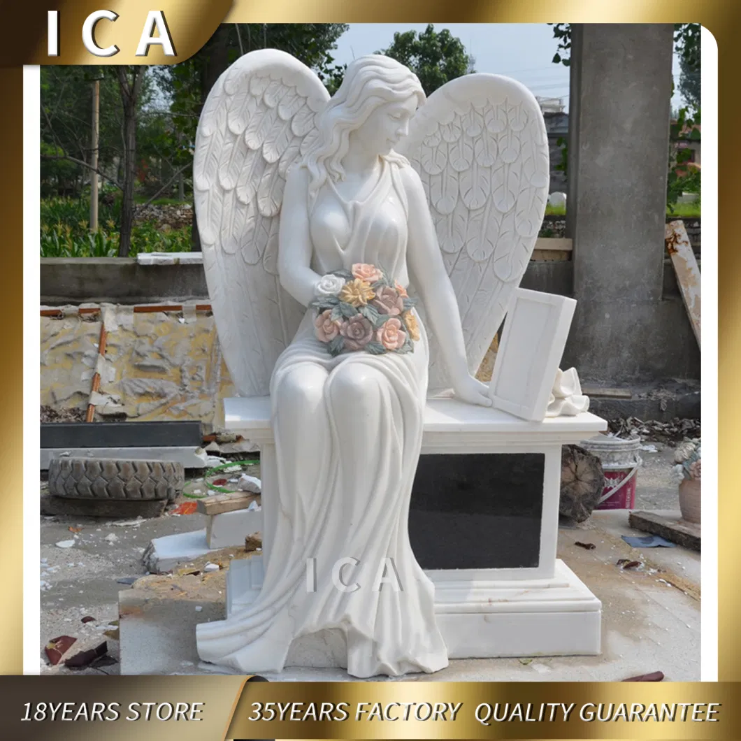 Garden Decoration Monument White Marble Stone Beautiful Angel Statue Tombstone Statue Headstone Statue Gravestone Statue Religious Stone White Marble Statue