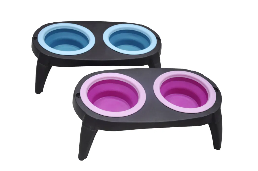 Elevated Plastic Non-Slip Double Dog Bowl Collapsible Pet Bowl