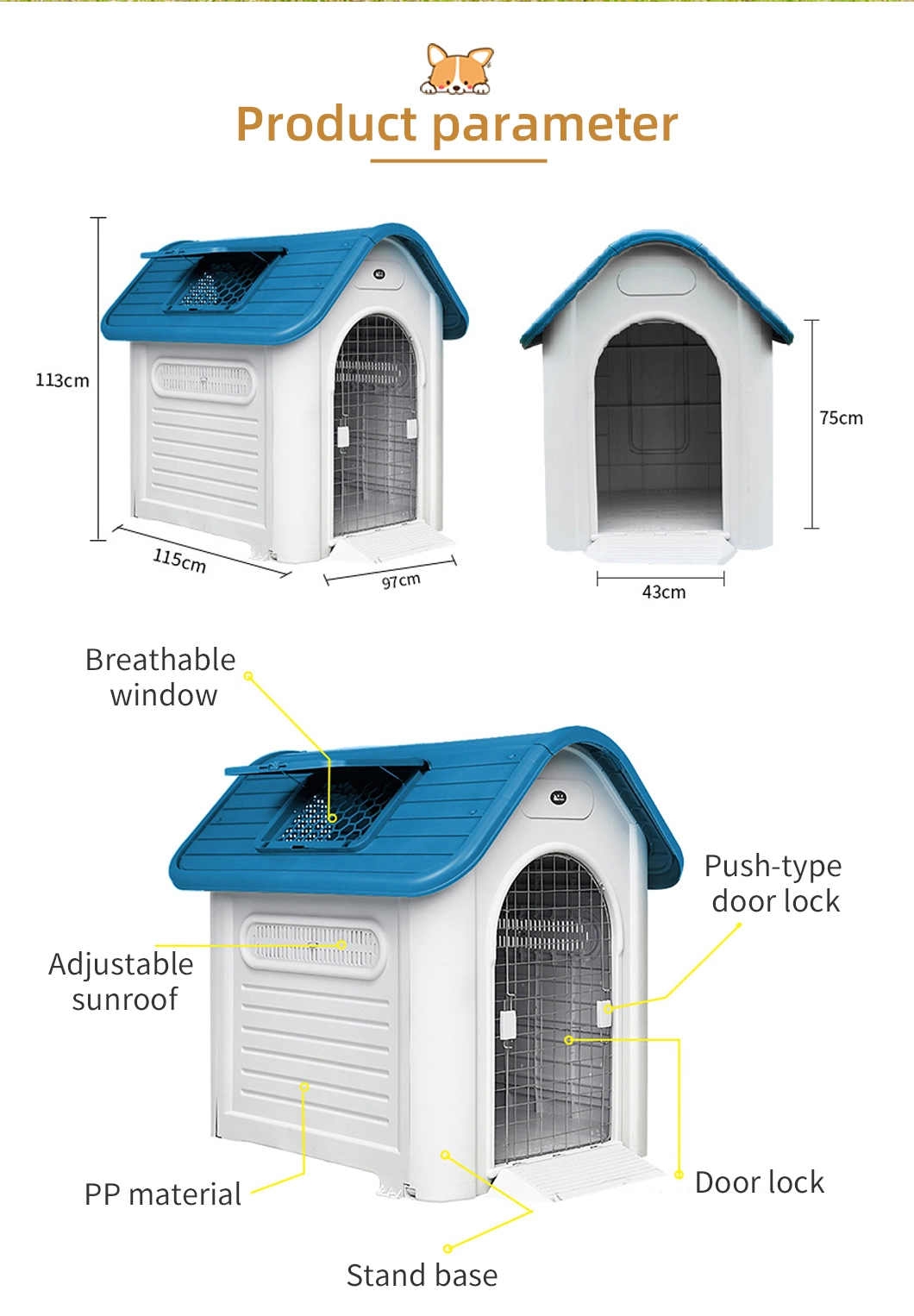 Plastic Dog House Roof Skylight Window Heated Dog Kennel Plastic Detachable Fashion Design Outdoor Kennel Pet Dog House