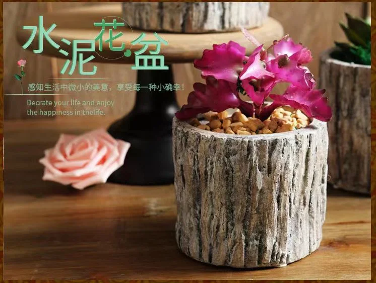 Retro Tree Wood Skin Cement Flower Pot Planter for Garden Decor