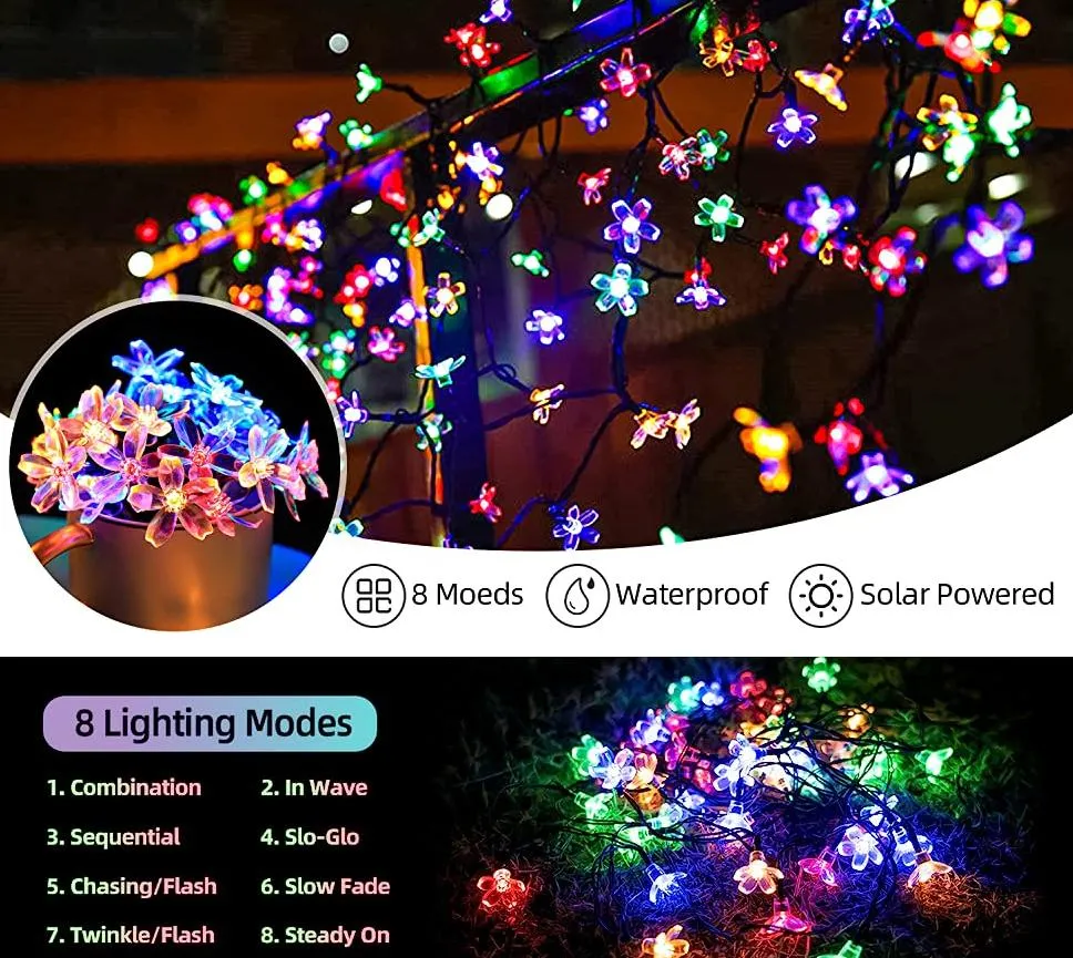 Solar String Flower Lights Outdoor Waterproof 50 LED Fairy Light Decorations for Garden Fence Patio Yard Christmas Tree, Lawn, Party (Multi-Colored)