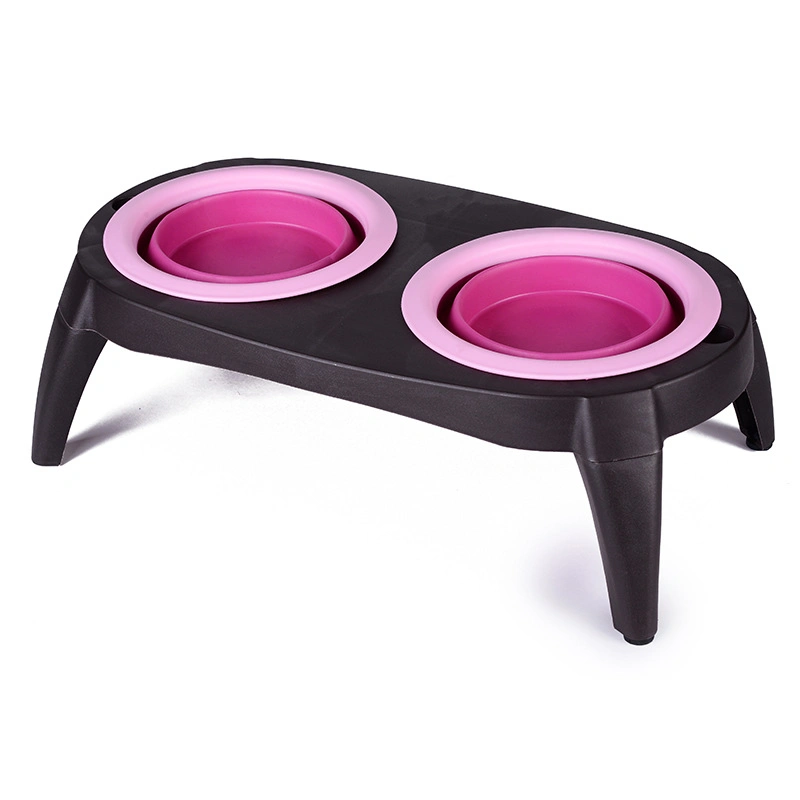 Elevated Plastic Non-Slip Double Dog Bowl Collapsible Pet Bowl