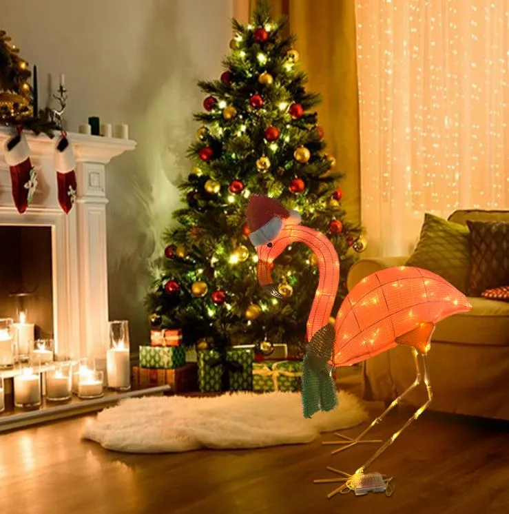 Waterproof Garden Yard Metal Tinsel Textile Fabric Flamingo Ornament Outdoor Foldable Christmas Battery Power Light