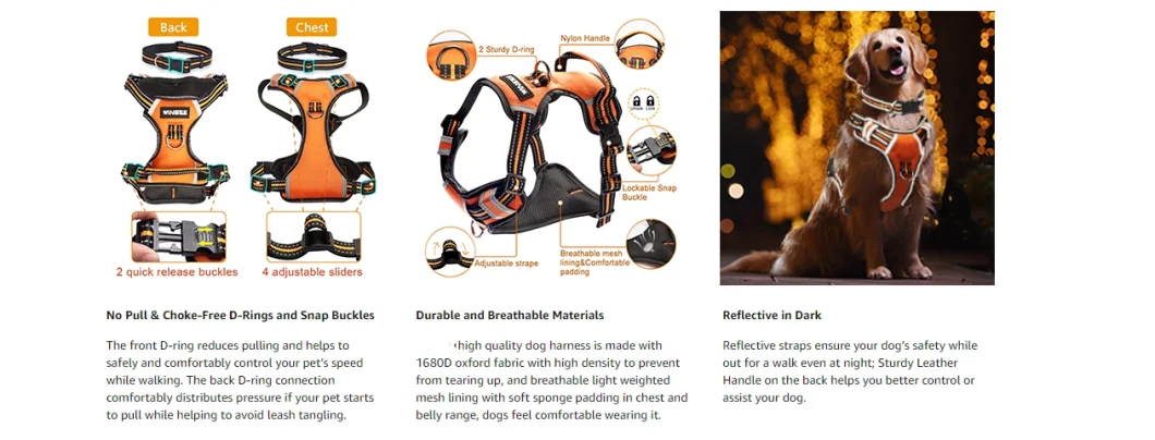 Dog Harness No Pull, Pet Harnesses with Dog Collar, Adjustable Reflective Oxford Outdoor Vest, Front/Back Leash Clips