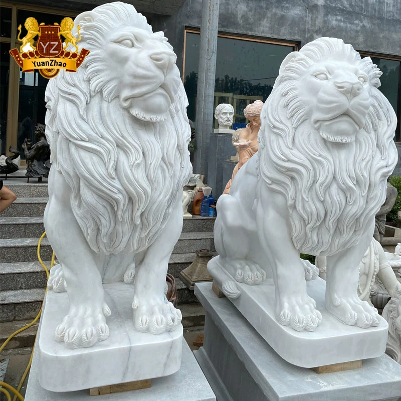 Outdoor Garden Animal Sculpture Life Size Marble Stone Lions Statue