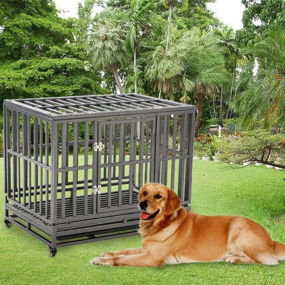 Portable Dog Cage Indoor Double Door Black Metal Strong Folding Steel Wires Crate for Large Animals Pet Dog Cage