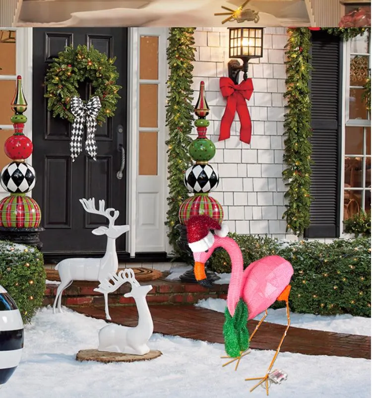 Waterproof Garden Yard Metal Tinsel Textile Fabric Flamingo Ornament Outdoor Foldable Christmas Battery Power Light