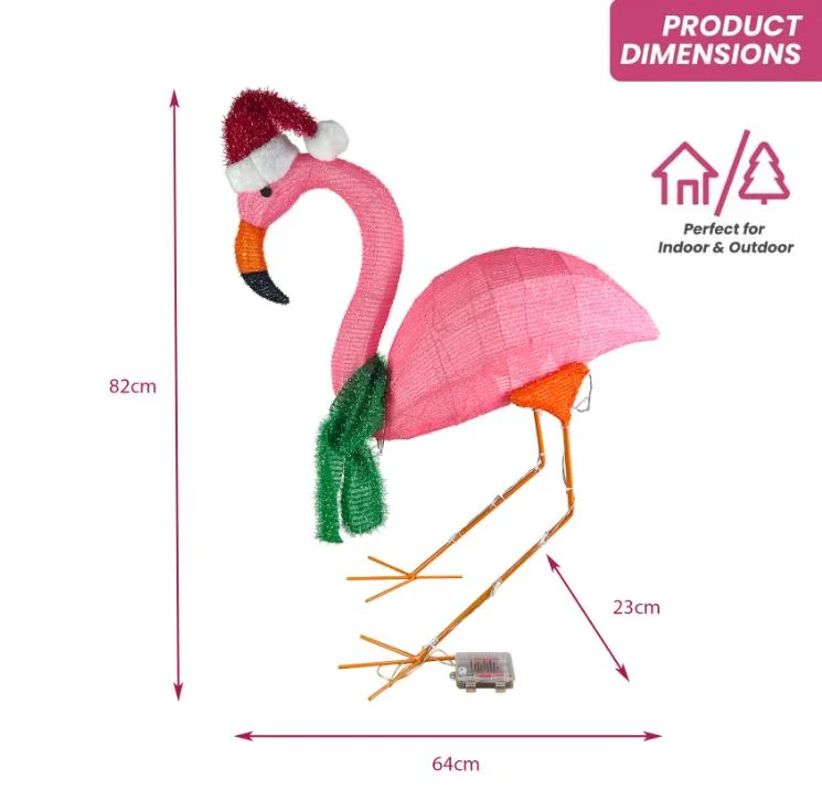 Waterproof Garden Yard Metal Tinsel Textile Fabric Flamingo Ornament Outdoor Foldable Christmas Battery Power Light