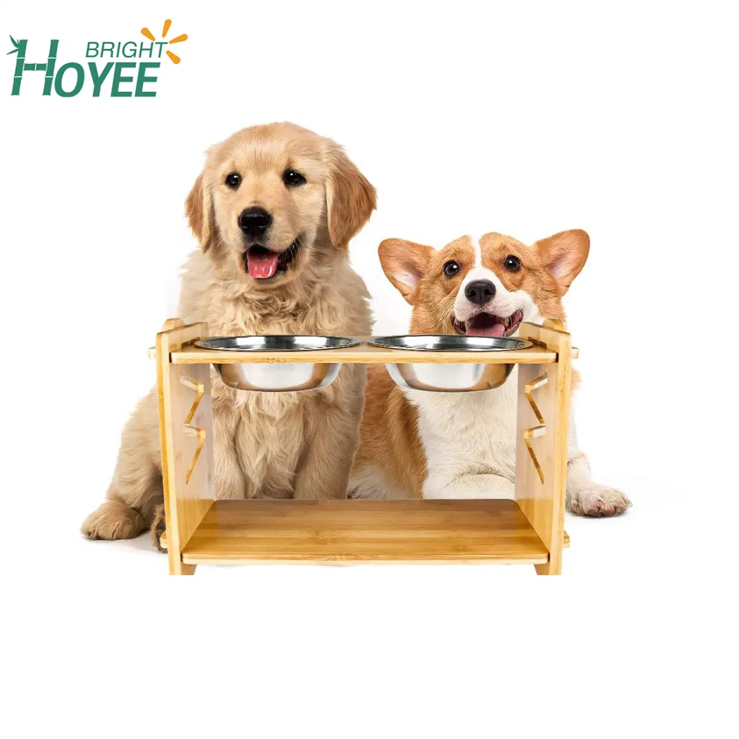 Eco-Friendly Pet Raised Bowl for Cats and Small Dog Adjustable Elevated Dog Cat Food and Water Bowl Stand Feeder with 2 Ceramic Bowls