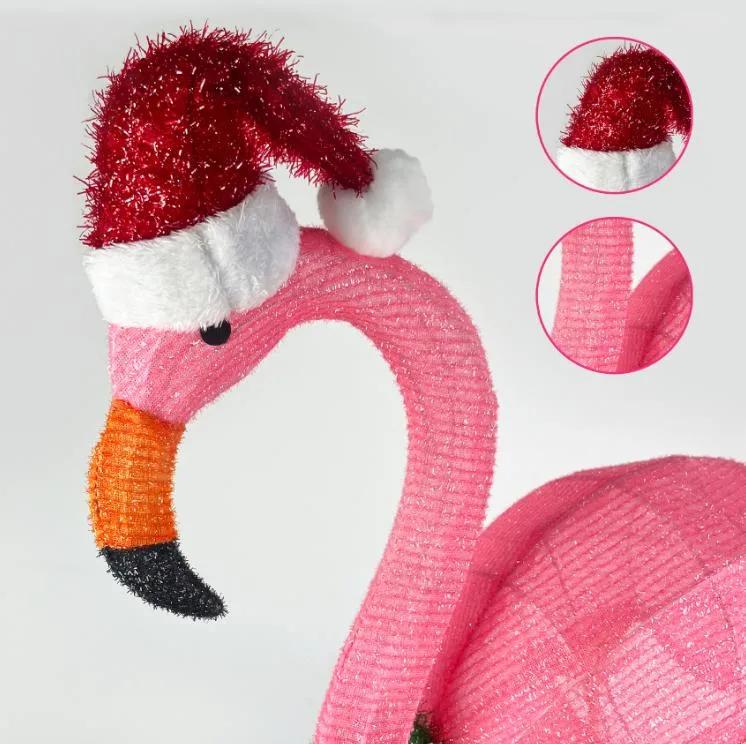 Waterproof Garden Yard Metal Tinsel Textile Fabric Flamingo Ornament Outdoor Foldable Christmas Battery Power Light