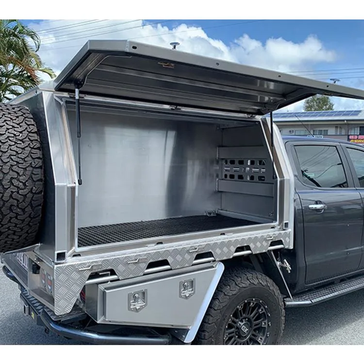 Strong Secure Ute Tray Back Aluminum Checker Plate Half Dog Box and Half Canopy for Outdoor Hunting Trip