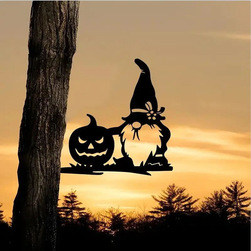 Umpkin Gnome on Branch Steel Silhouette Metal Wall Art Home Garden Yard Patio Outdoor Statue Stake Decoration Perfect for Birthdays, Housewarming Gifts Hallowee