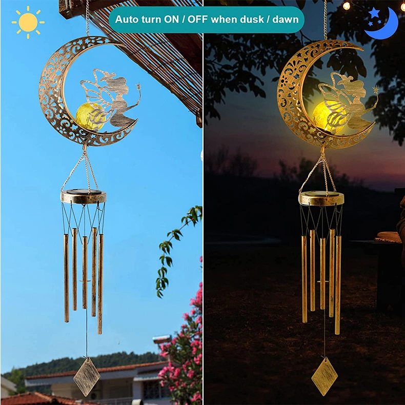 Outdoor Yard Holiday Decoration Wholesale Solar Powered Water Proof Moon Fairy LED Metal Glass Wind Chime Garden Decorative Lighting