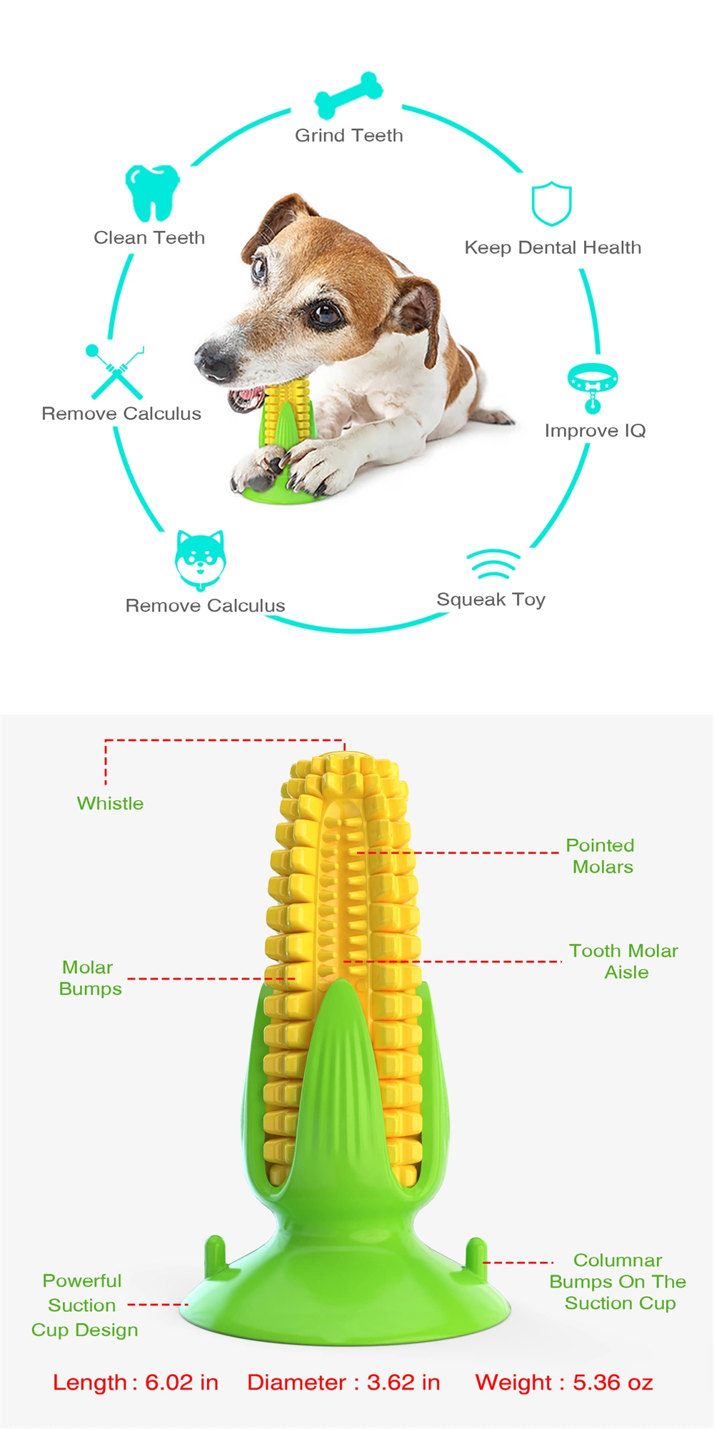 Indestructible Tough Durable Squeaky Interactive Dog Toys Puppy Teeth Chew Corn Stick Toy for Small Meduium Large Breed with Suction Cup