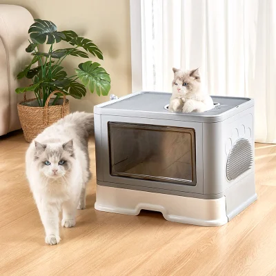  Caja plegable cerrada con basura Cat con tapa Entrada superior a prueba de salpicaduras Gran inodoro de gato con cuchara de basura de gato