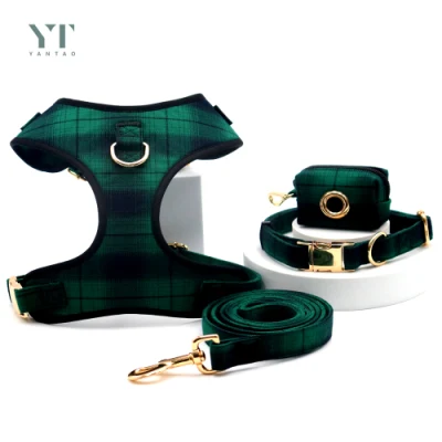  Populares de Navidad de diseño personalizado 100% algodón perro arnés con correa y collar de perro coincidentes Set Chaleco arnés perro verde