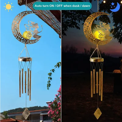 Patio exterior decoración vacaciones Venta al por mayor prueba de Agua Solar Hada Luna de Cristal Campanilla de viento metal LED Iluminación decorativa de jardín