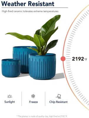 Maceta grande de cerámica para plantas con agujeros de drenaje. Macetas de jardín, macetas de porcelana para plantas de interior y exterior. Juego de 3 macetas con esmalte reactivo azul.