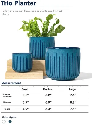 Maceta grande de cerámica para plantas con agujeros de drenaje. Macetas de jardín, macetas de porcelana para plantas de interior y exterior. Juego de 3 macetas con esmalte reactivo azul.