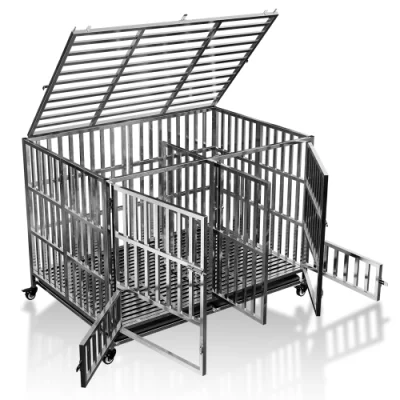  Jaula de perro de acero inoxidable plegable de Marca en ruedas bloqueables