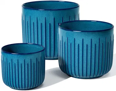  Sembradora grande para las plantas de maceta de cerámica con orificios de drenaje macetas de jardín de las sembradoras de porcelana Outdoor Indoor Plantas Conjunto de 3 Azul esmalte reactiva