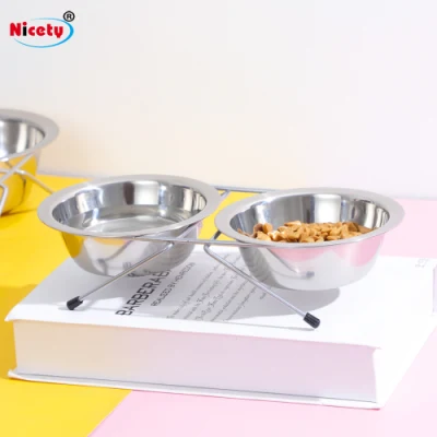  Artículos para mascotas proteger el agua de la columna cervical el alimentador de la comida de perro gato Bowl con doble marco de acero inoxidable y acero inoxidable Bowl