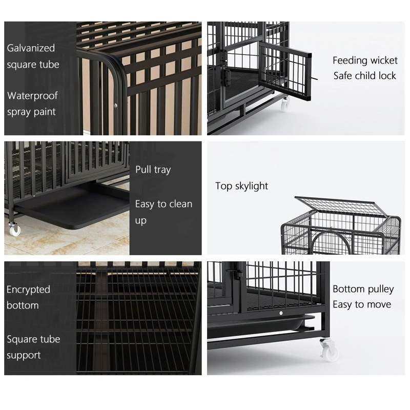 48 Inch Outdoor Portable Dog Cage Indoor Double Door Black Metal Strong Folding Steel Wires Crate for Large Animals Pet Dog Cage