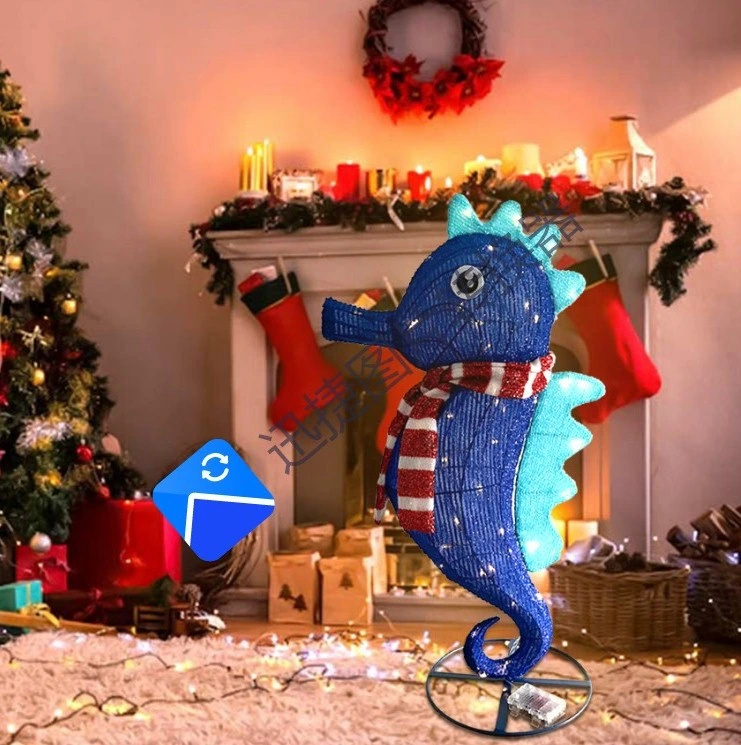 Waterproof Garden Outdoor Lawn Ornament Metal Tinsel Textile Fabric Seahorse Foldable Christmas Motif Light Decoration