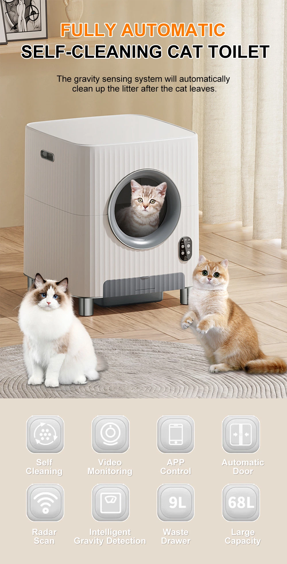 Cat Litter Box with Odor Free Video Monitoring Self Cleaning Cat Toilet