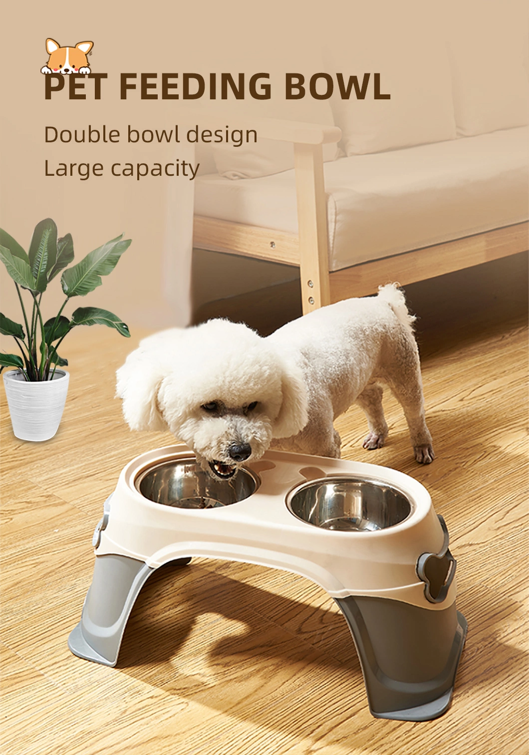 Dog Puppy Cat Twin Double Dish Plastic Water Food Bowl with Stainless Steel Feeder