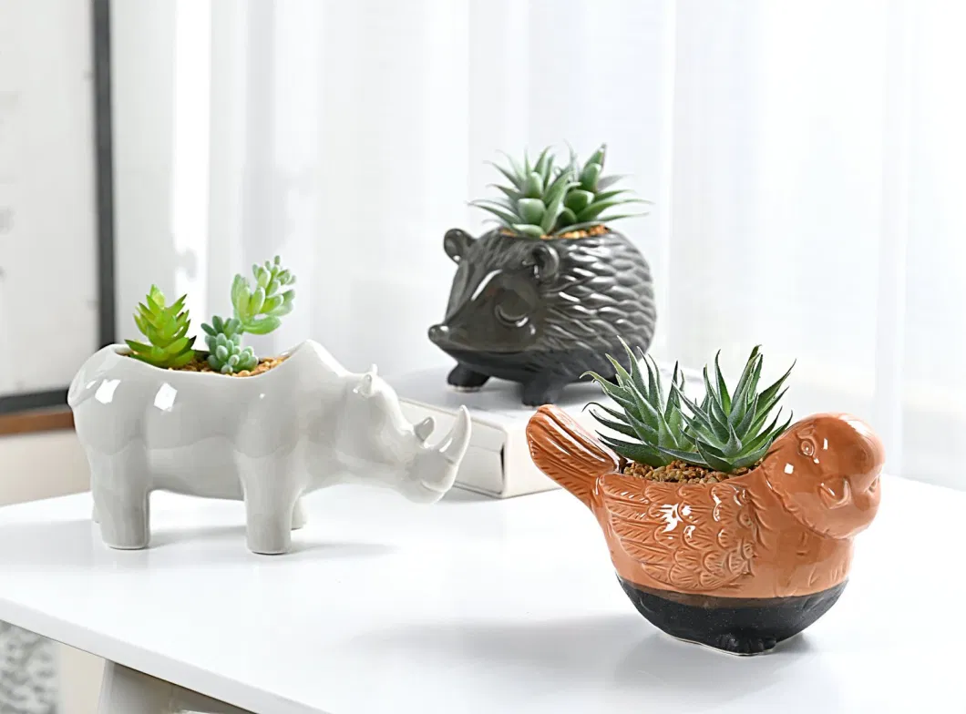 Ceramic Cute Custom Animal Indoor Flower Pot Home and Garden Decoration 3D Bird and Hedgehog and Rhinoceros Shape