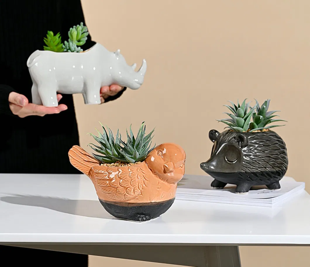 Ceramic Cute Custom Animal Indoor Flower Pot Home and Garden Decoration 3D Bird and Hedgehog and Rhinoceros Shape