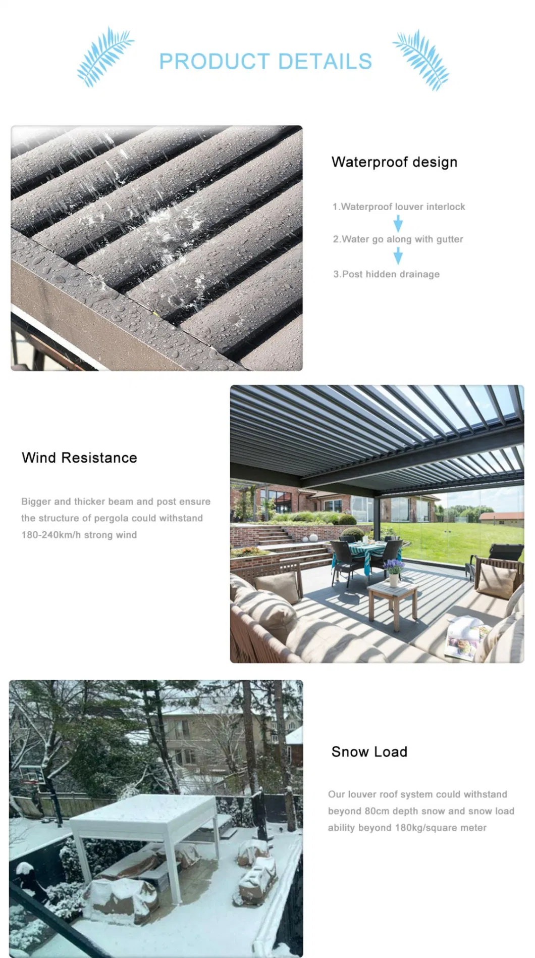 Factory Price Garden Awning Outdoor Balcony Roof Patio Cover Shades Gazebo Canopy Comfortable Louver Roof Pergola Aluminum Greenhouse for Backyard