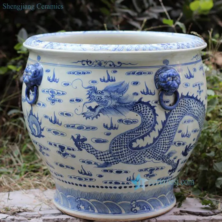 Rzfh03-C Blue White Hand Painted Flying Dragon Pattern Ceramic Large Garden Pot