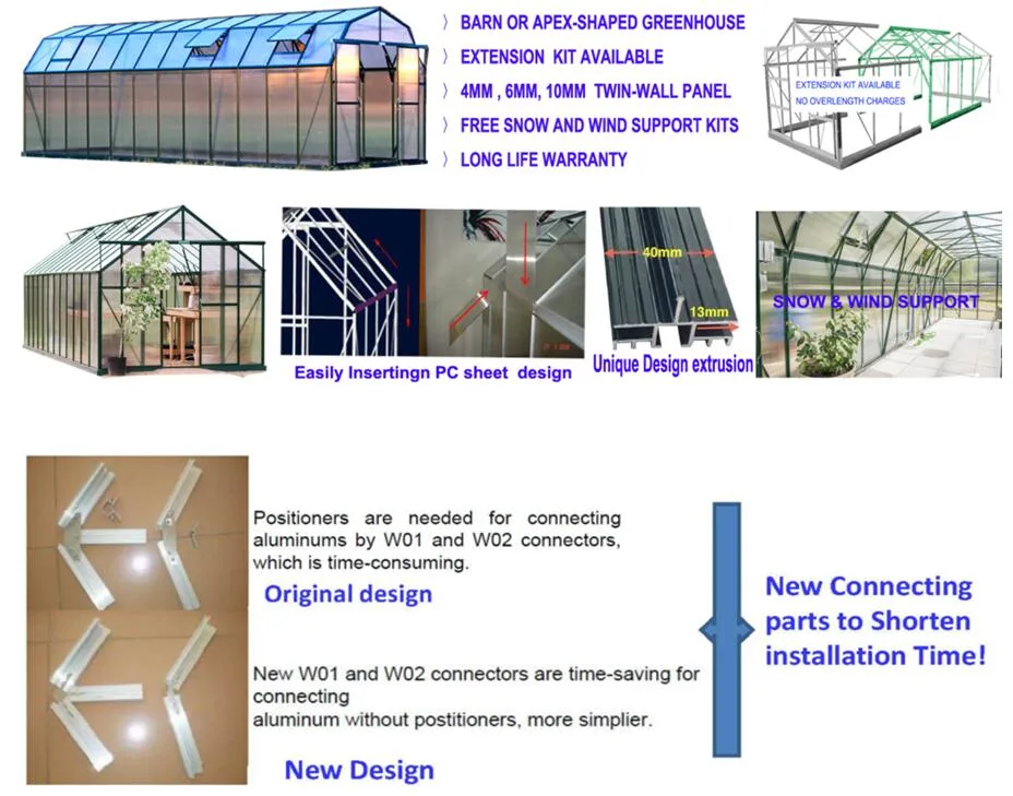 Agricultural Hydroponic System Aluminium and Polycarbonate Building Material Greenhouses Green House Rdgs0810-6mm