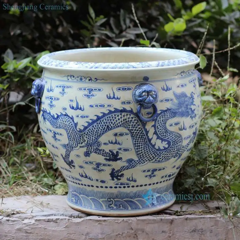 Rzfh03-C Blue White Hand Painted Flying Dragon Pattern Ceramic Large Garden Pot