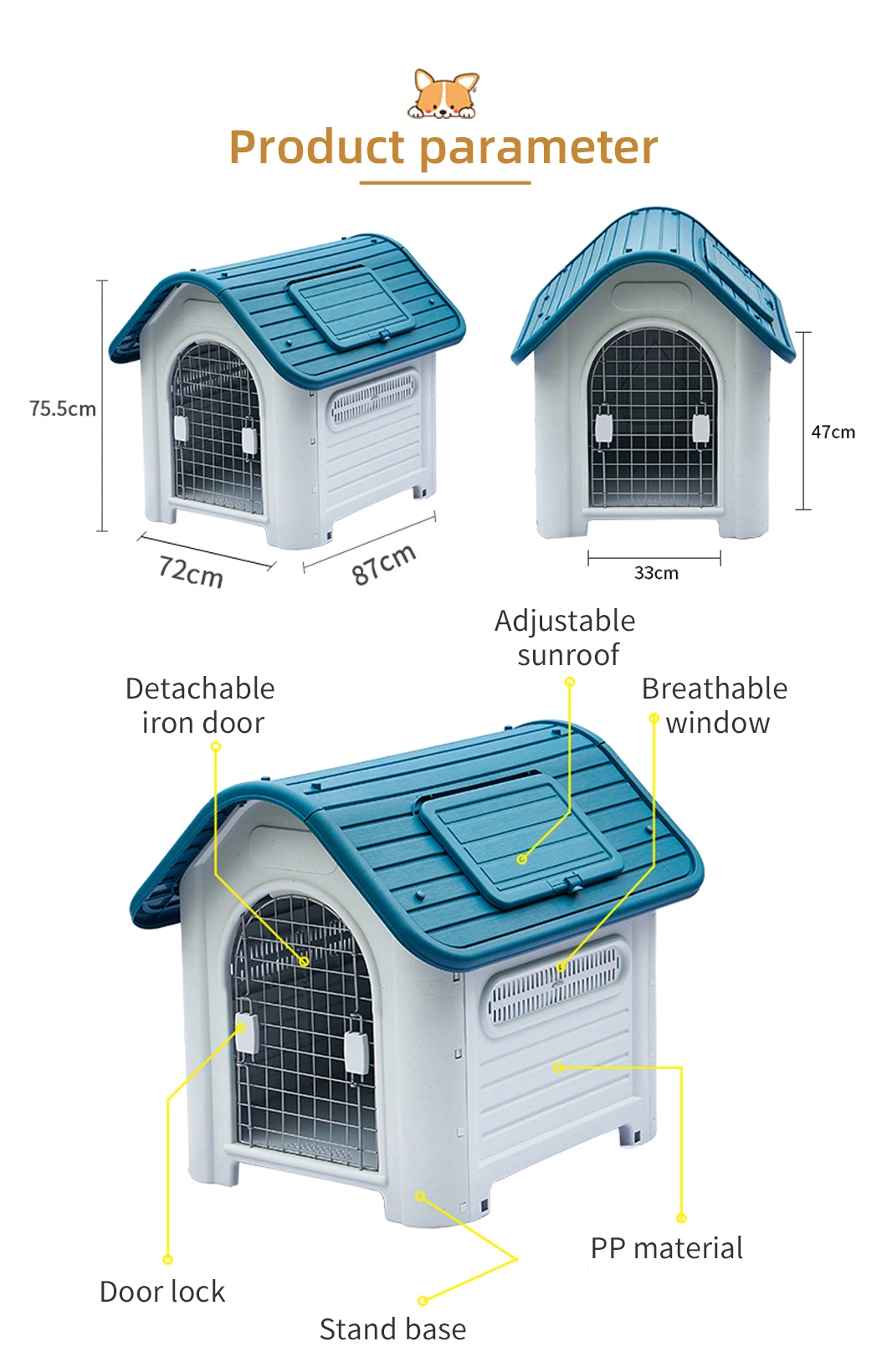 Dog House PP Plastic Pet House Dog Home Strong Heavy Dog Kennel Outdoor Safe Rainproof