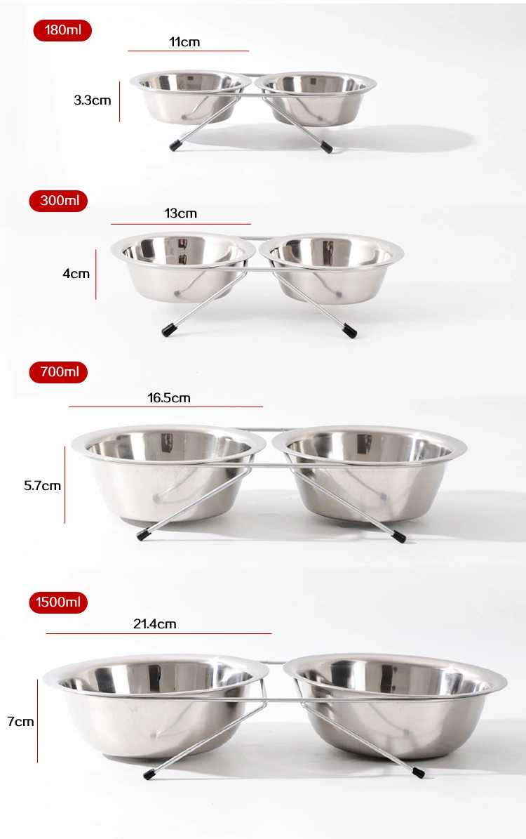 Pet Supplies Protect Cervical Spine Water Food Feeder Cat Dog Double Bowl with Stainless Steel Frame and Stainless Steel Bowl