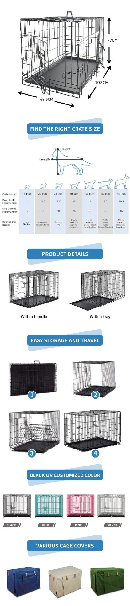 Affordable and High-Quality 42-Inch Double Door Metal Folding Dog Crate: Easy Cleaning, Ideal for Large Pets