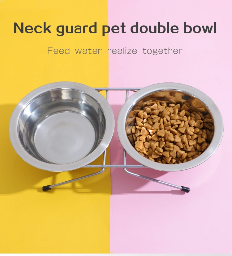 Pet Supplies Protect Cervical Spine Water Food Feeder Cat Dog Double Bowl with Stainless Steel Frame and Stainless Steel Bowl