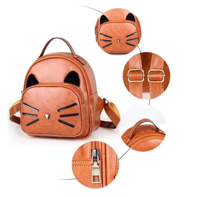 Fashion Customized PU Leather Backpack Waterproof Cat Shape Student School Bag Casual Notebook Bag Travel Backpack for Girls