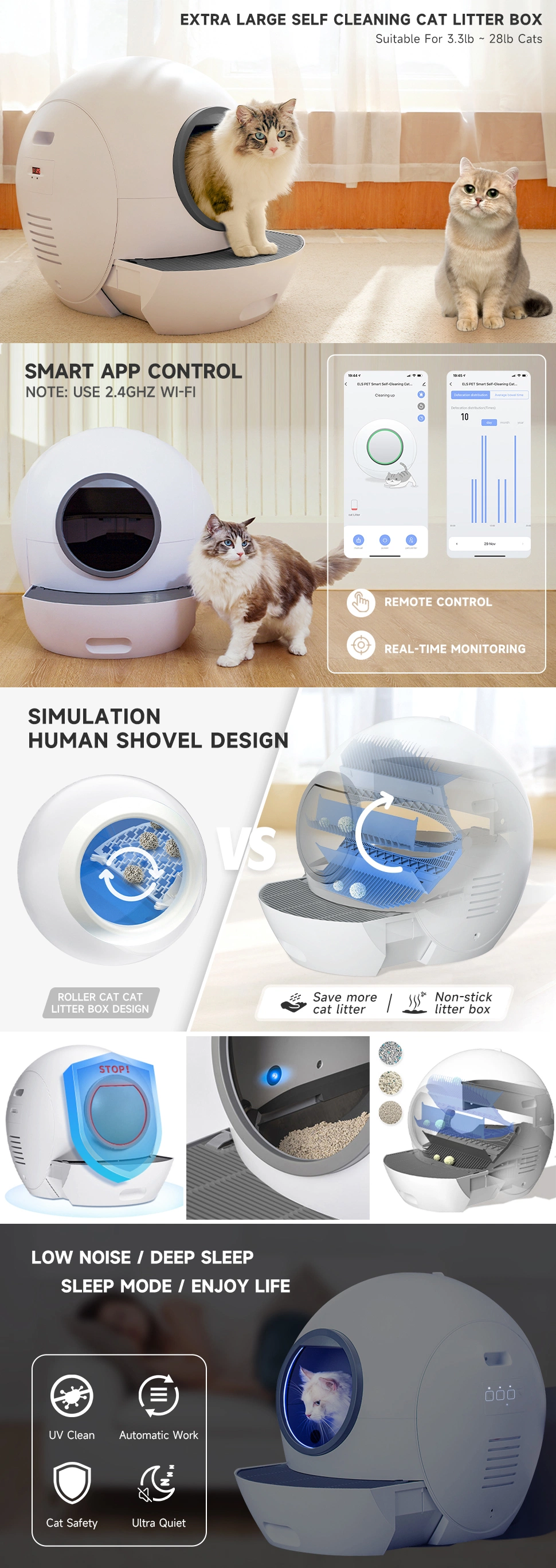 Portable Structure Intelligent Sterilizing Automatic Cleaning Cat Litter Tray Box Smart Phone Remote WiFi Control Cat Toilet Auto Shovel Cat Litter Box